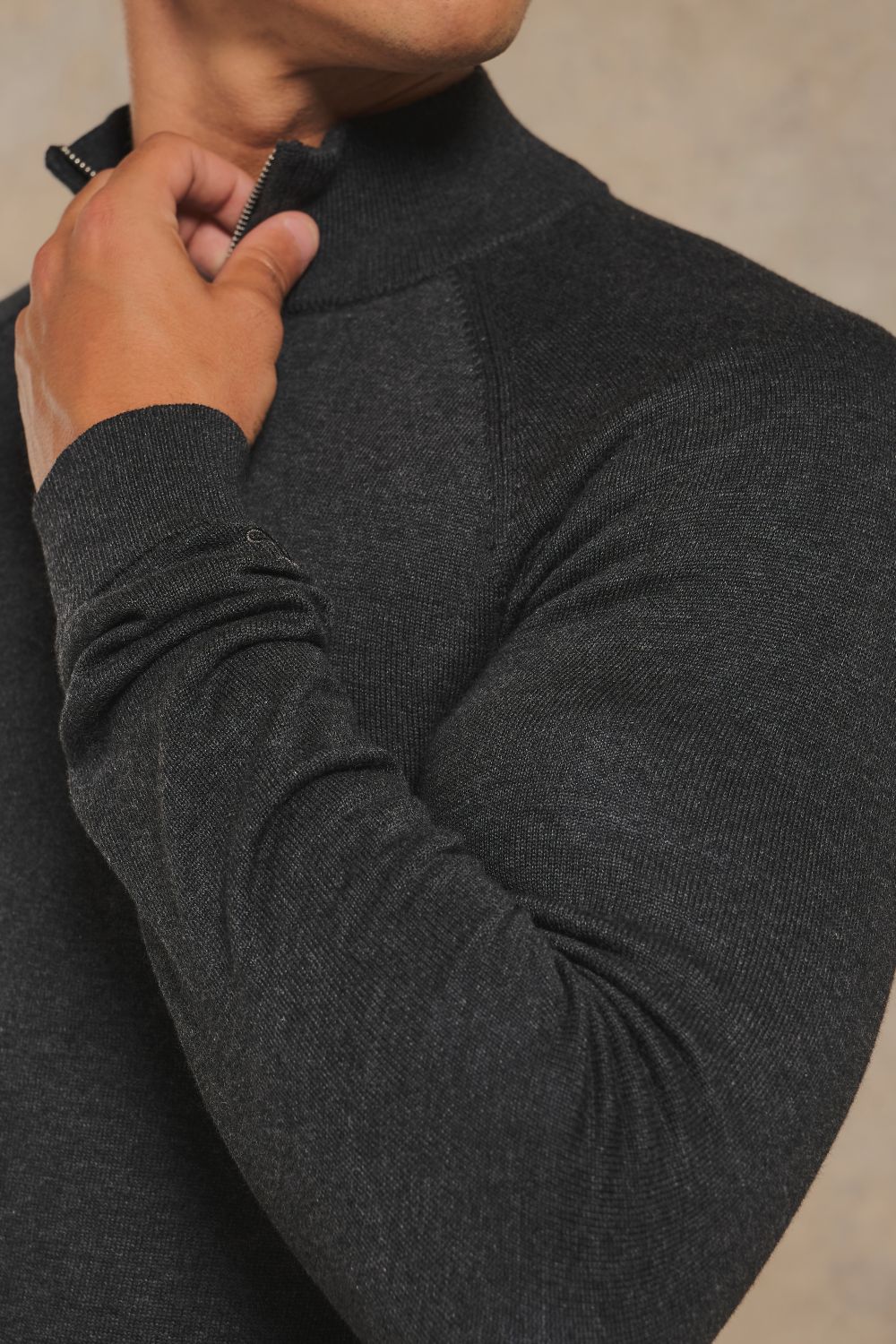 Pure Cotton Knitted Half Zip Neck Jumper in Anthracite