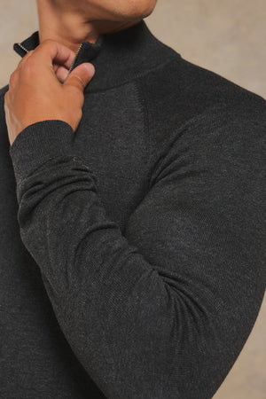 Pure Cotton Knitted Half Zip Neck Jumper in Anthracite