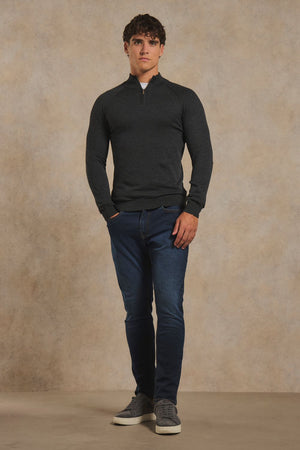 Pure Cotton Knitted Half Zip Neck Jumper in Anthracite