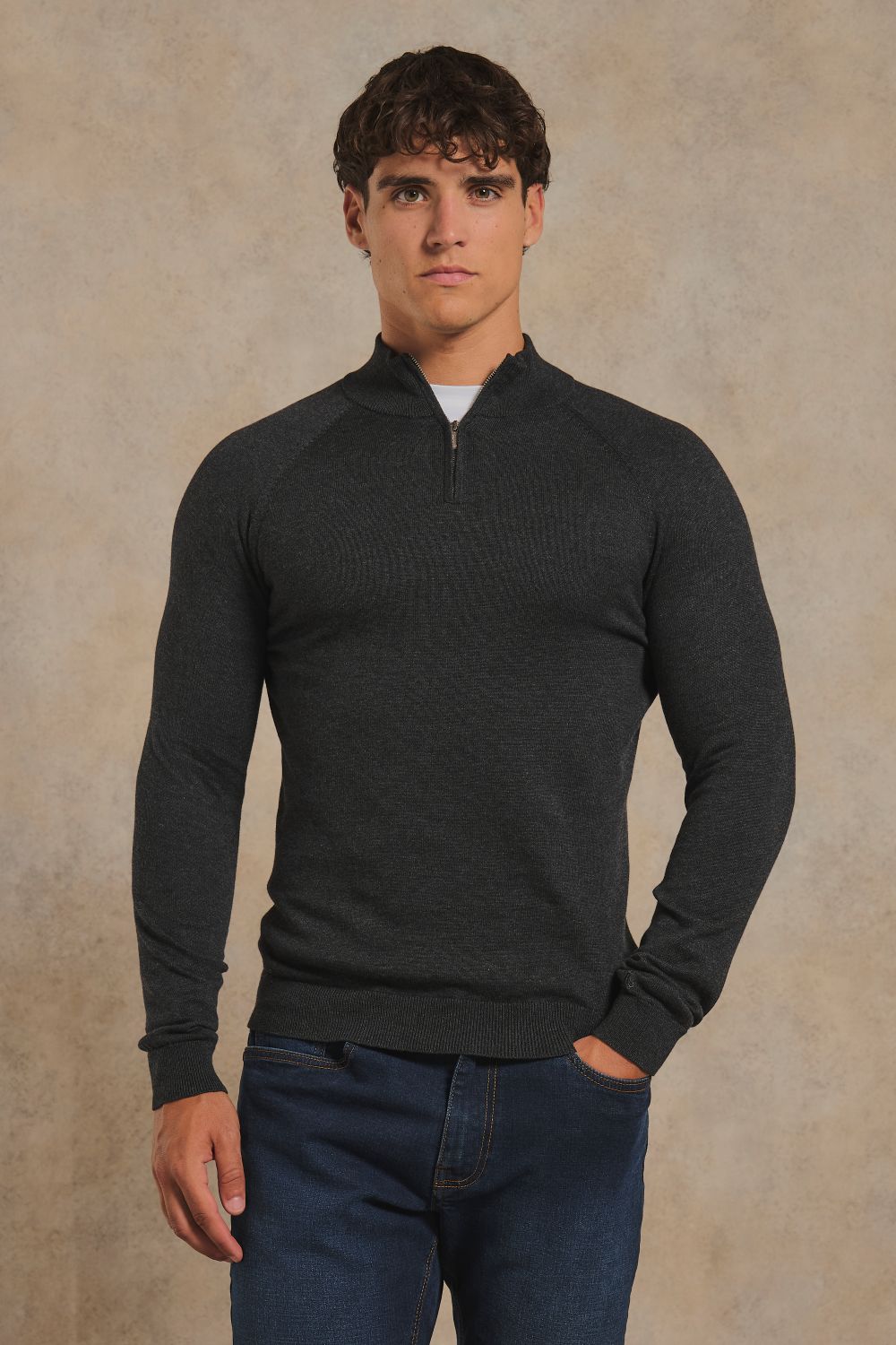 Pure Cotton Knitted Half Zip Neck Jumper in Anthracite