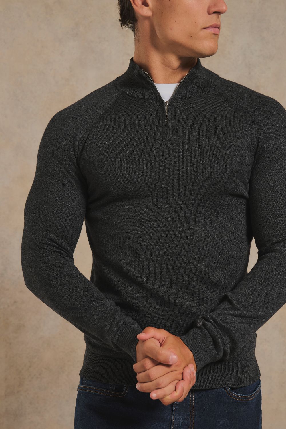 Pure Cotton Knitted Half Zip Neck Jumper in Anthracite