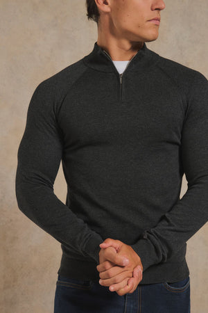 Pure Cotton Knitted Half Zip Neck Jumper in Anthracite
