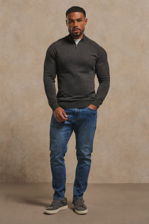 Pure Cotton Knitted Half Zip Neck Jumper in Anthracite