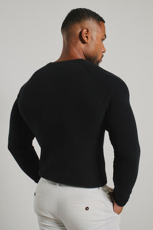 Pure Cotton Knitted Textured Crew Neck Jumper in Black