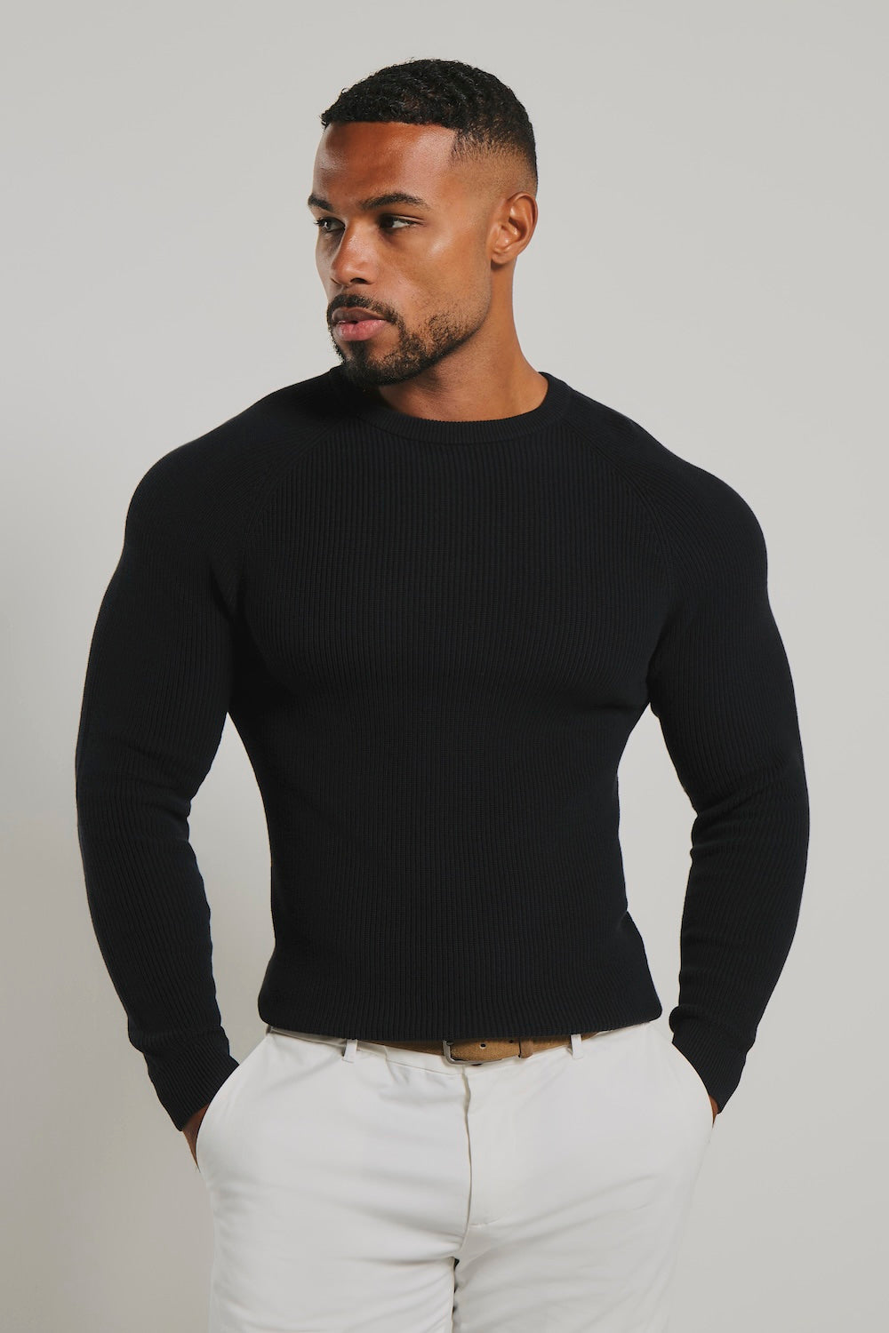 Pure Cotton Knitted Textured Crew Neck Jumper in Black
