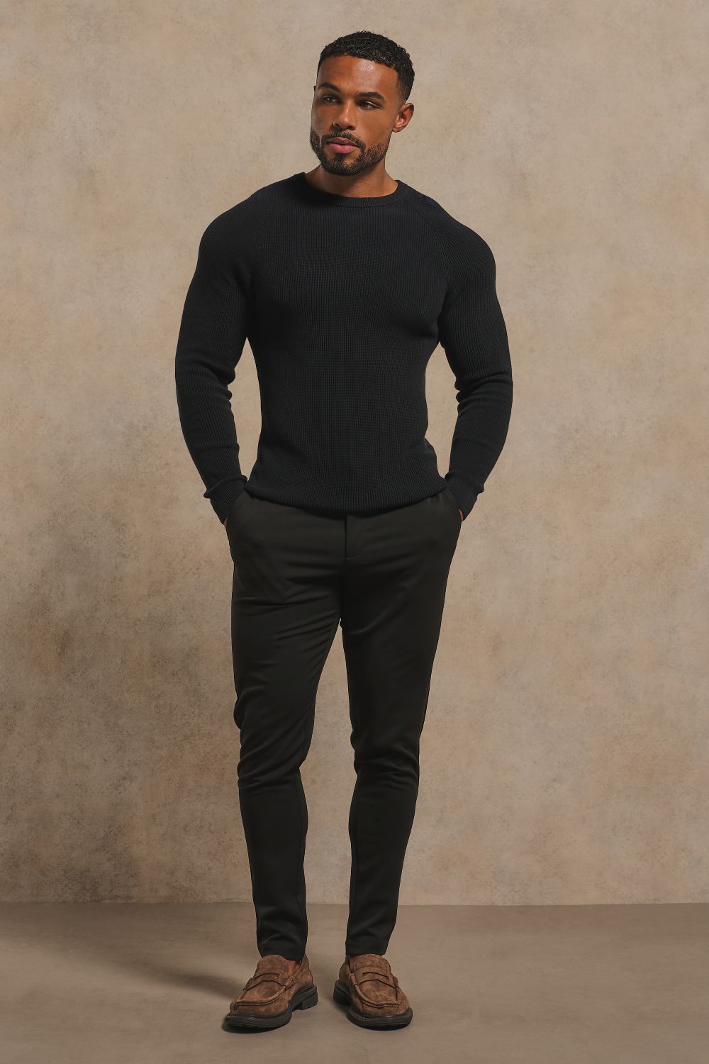Pure Cotton Knitted Textured Crew Neck Jumper in Black
