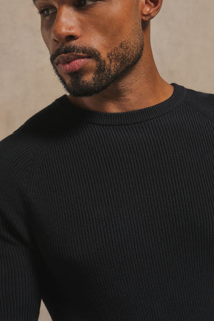 Pure Cotton Knitted Textured Crew Neck Jumper in Black