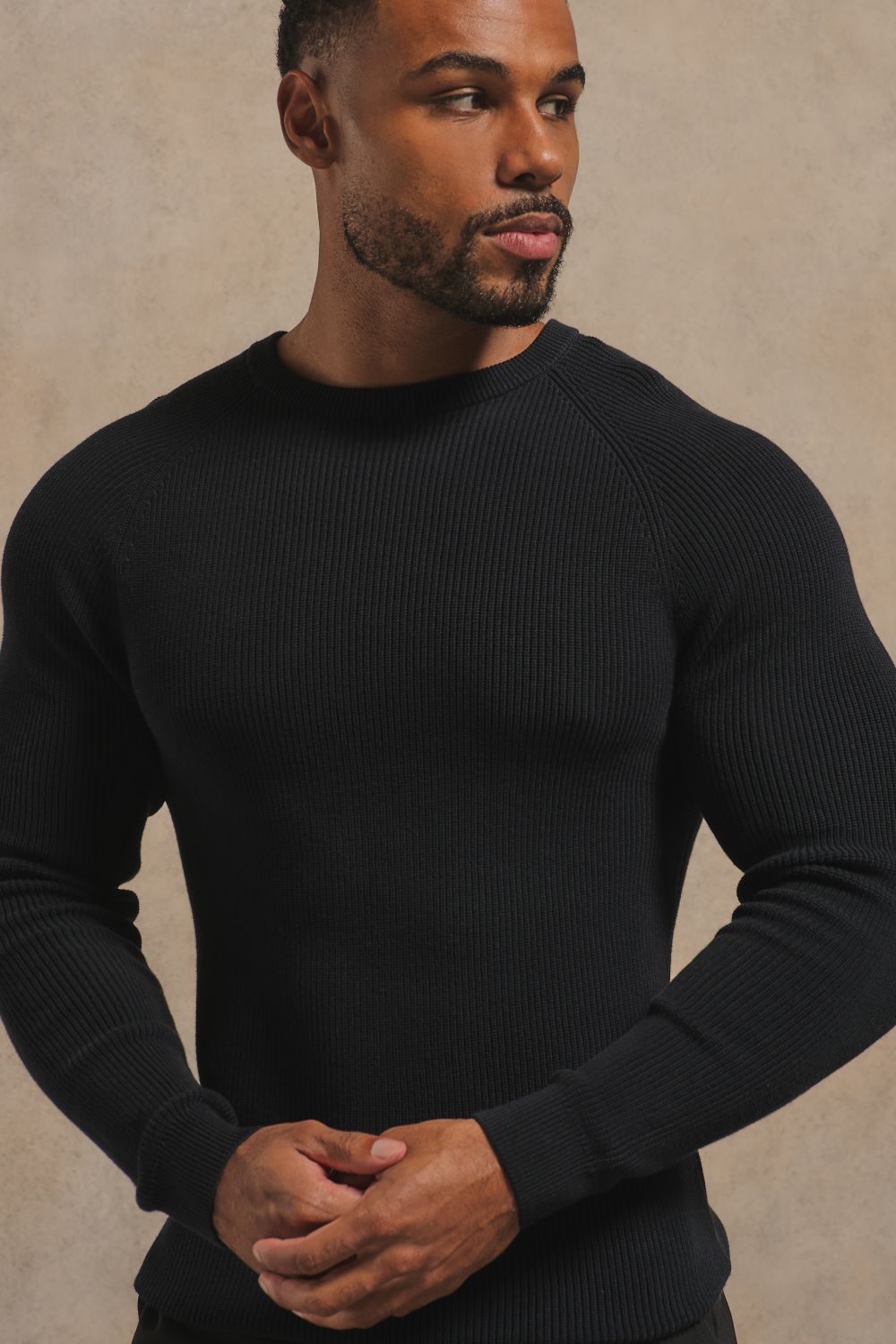 Pure Cotton Knitted Textured Crew Neck Jumper in Black