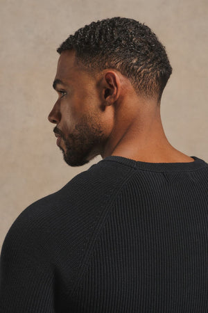 Pure Cotton Knitted Textured Crew Neck Jumper in Black