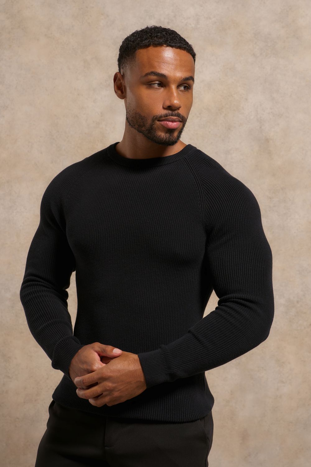 Pure Cotton Knitted Textured Crew Neck Jumper in Black