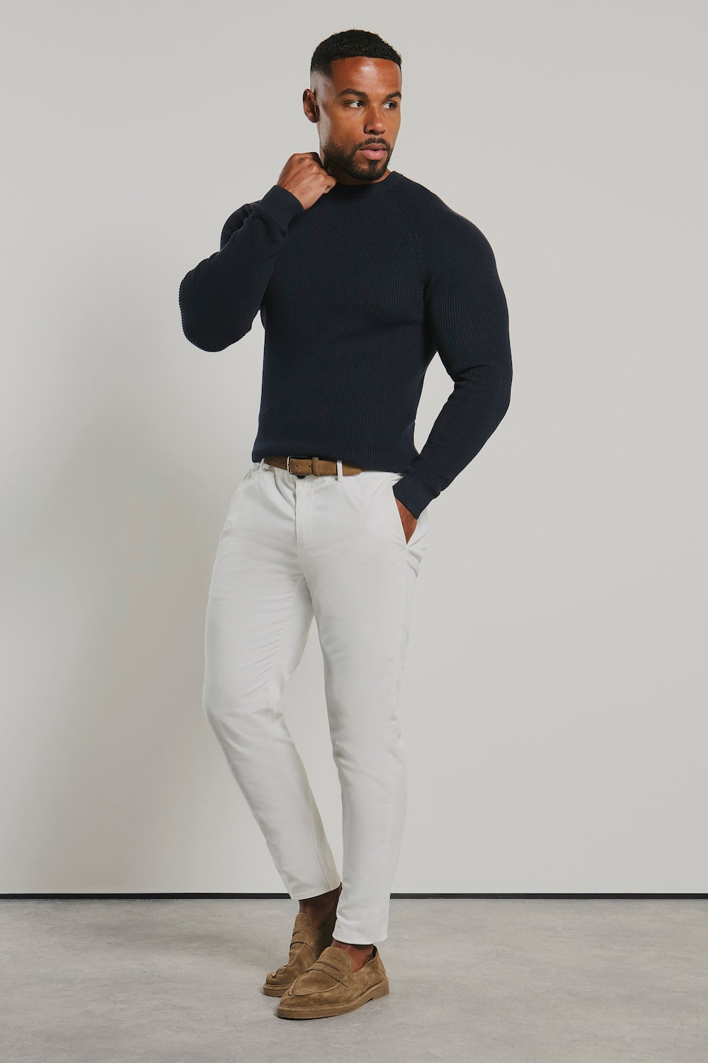 Pure Cotton Knitted Textured Crew Neck Jumper in Navy
