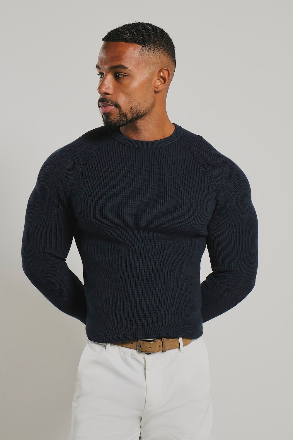 Pure Cotton Knitted Textured Crew Neck Jumper in Navy