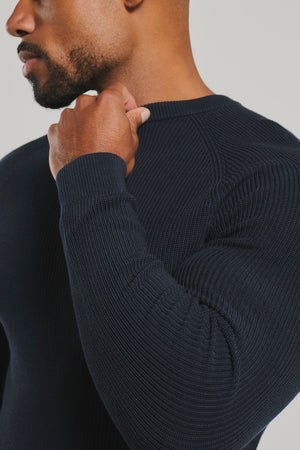 Pure Cotton Knitted Textured Crew Neck Jumper in Navy