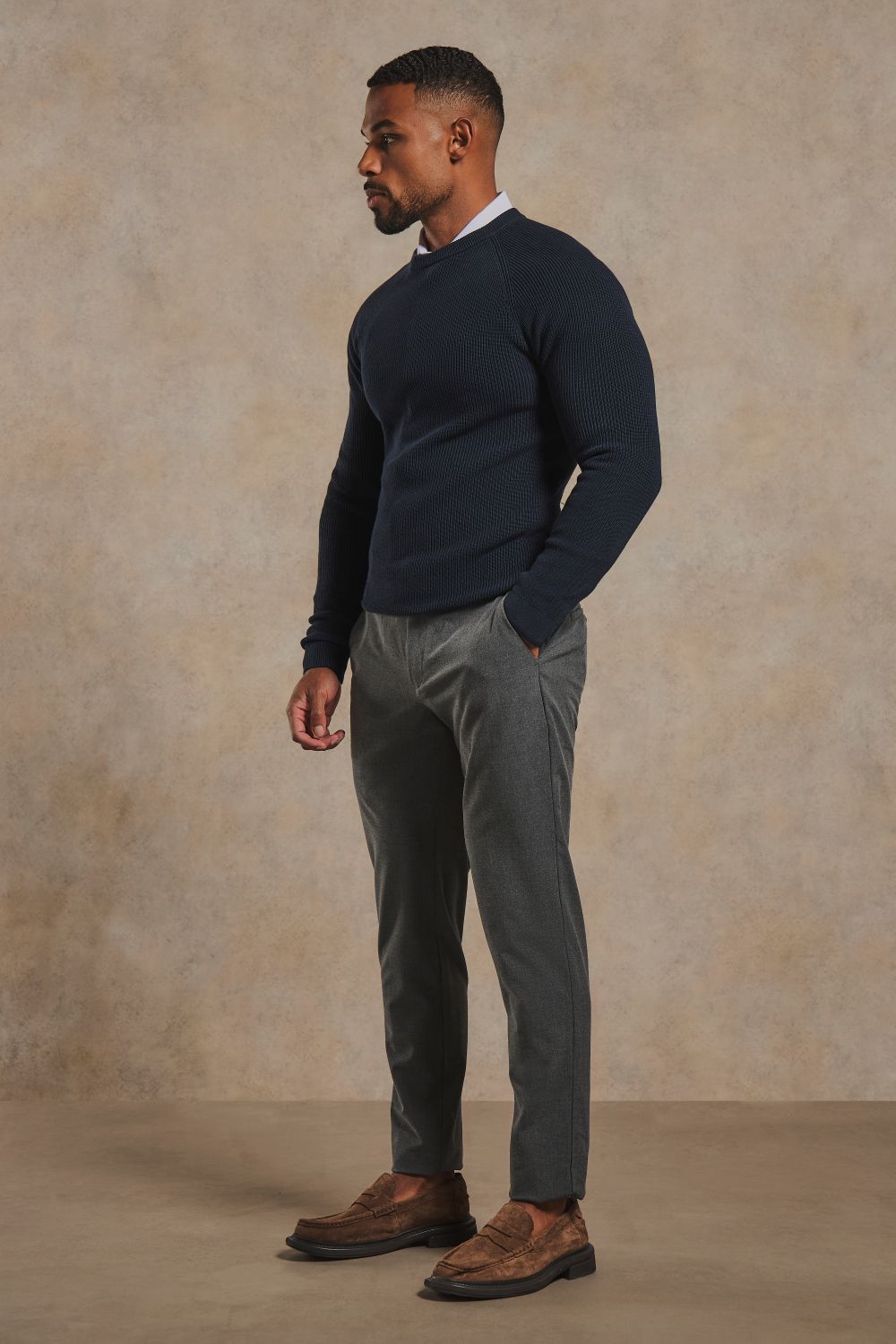 Pure Cotton Knitted Textured Crew Neck Jumper in Navy