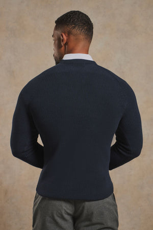 Pure Cotton Knitted Textured Crew Neck Jumper in Navy