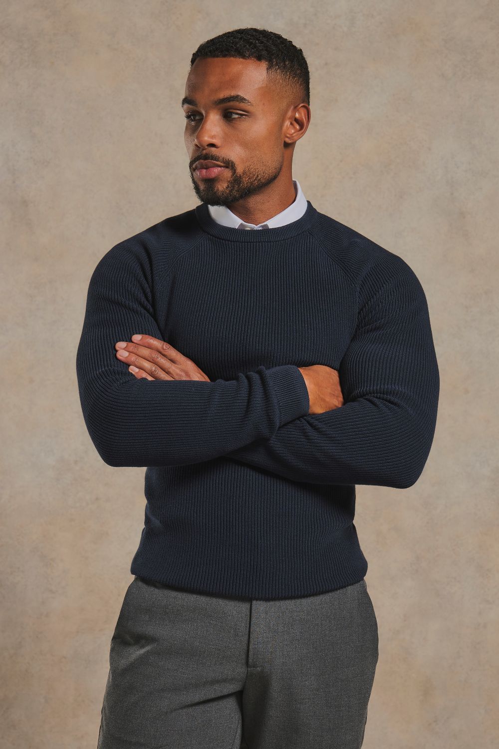 Pure Cotton Knitted Textured Crew Neck Jumper in Navy