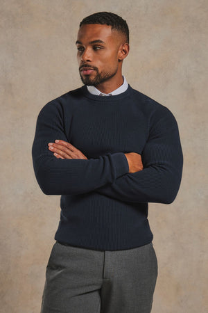 Pure Cotton Knitted Textured Crew Neck Jumper in Navy