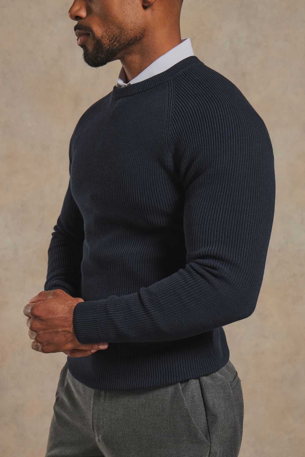 Pure Cotton Knitted Textured Crew Neck Jumper in Navy