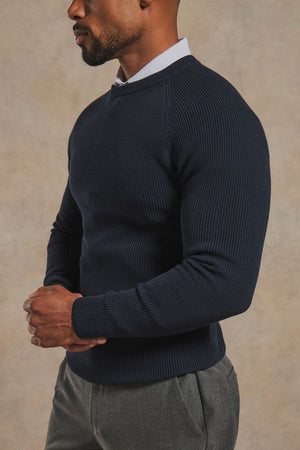 Pure Cotton Knitted Textured Crew Neck Jumper in Navy