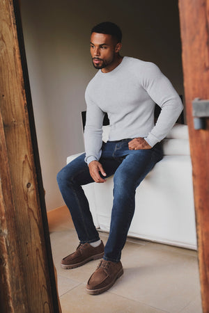 Pure Cotton Knitted Textured Crew Neck Jumper in Soft Grey Marl