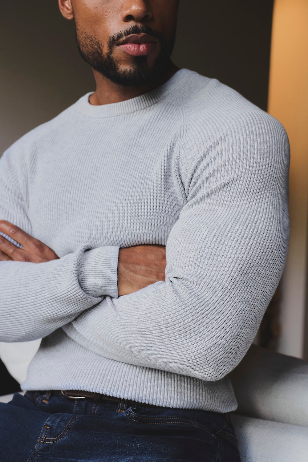Pure Cotton Knitted Textured Crew Neck Jumper in Soft Grey Marl