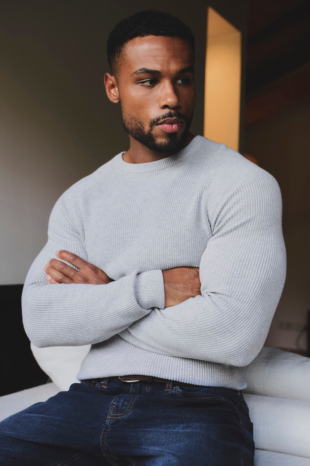 Pure Cotton Knitted Textured Crew Neck Jumper in Soft Grey Marl