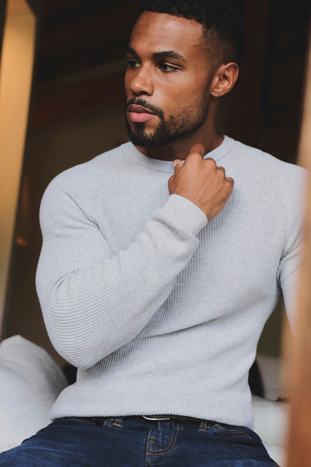 Pure Cotton Knitted Textured Crew Neck Jumper in Soft Grey Marl