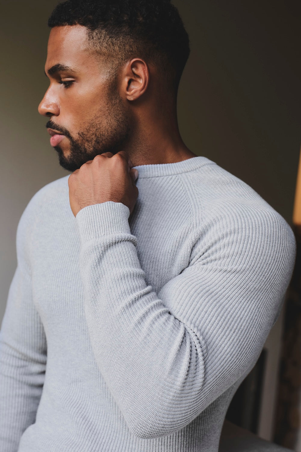 Pure Cotton Knitted Textured Crew Neck Jumper in Soft Grey Marl
