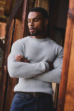 Pure Cotton Knitted Textured Crew Neck Jumper in Soft Grey Marl