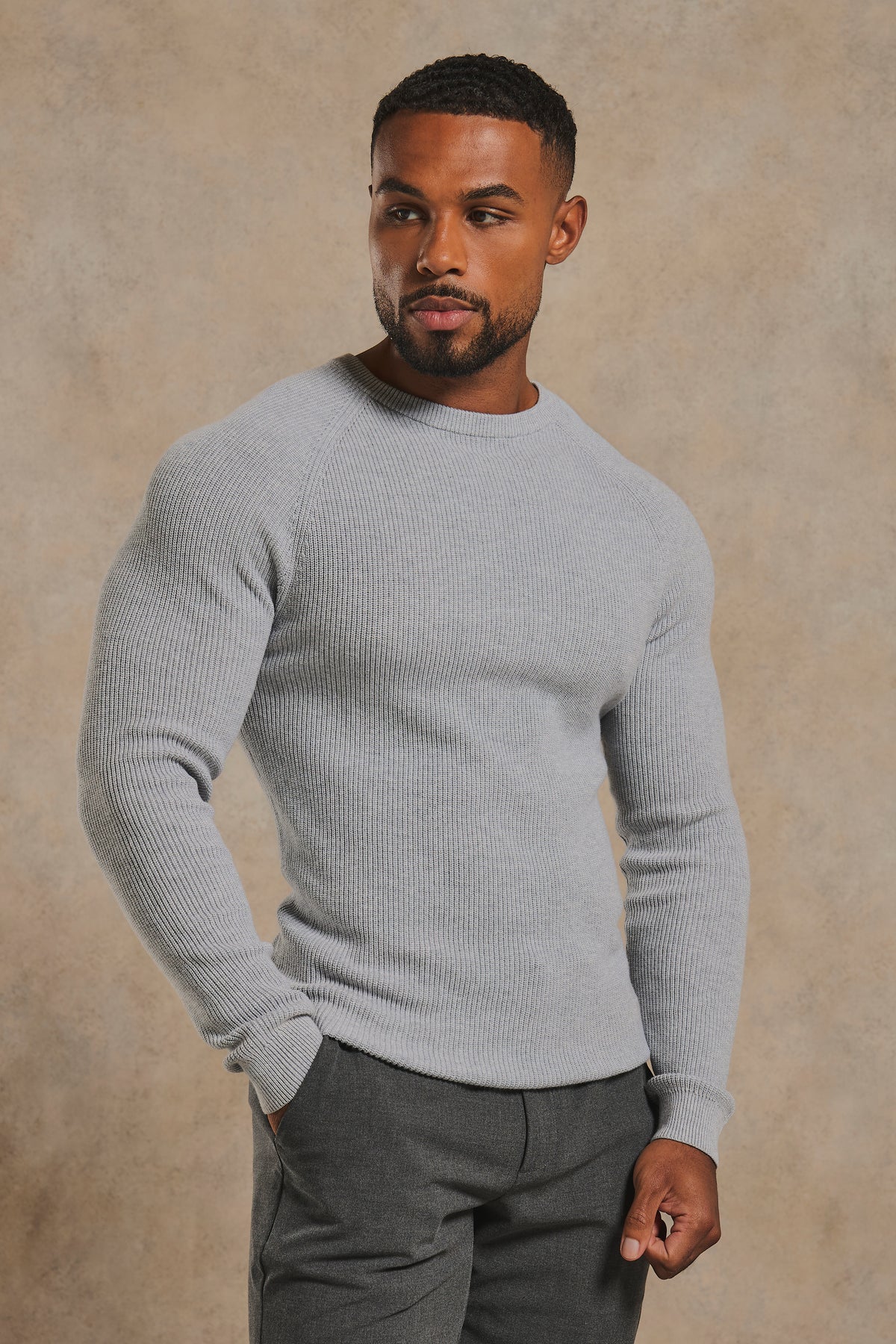 Pure Cotton Knitted Textured Crew Neck Jumper in Soft Grey Marl