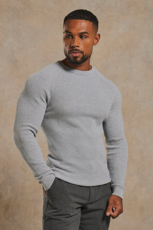 Pure Cotton Knitted Textured Crew Neck Jumper in Soft Grey Marl