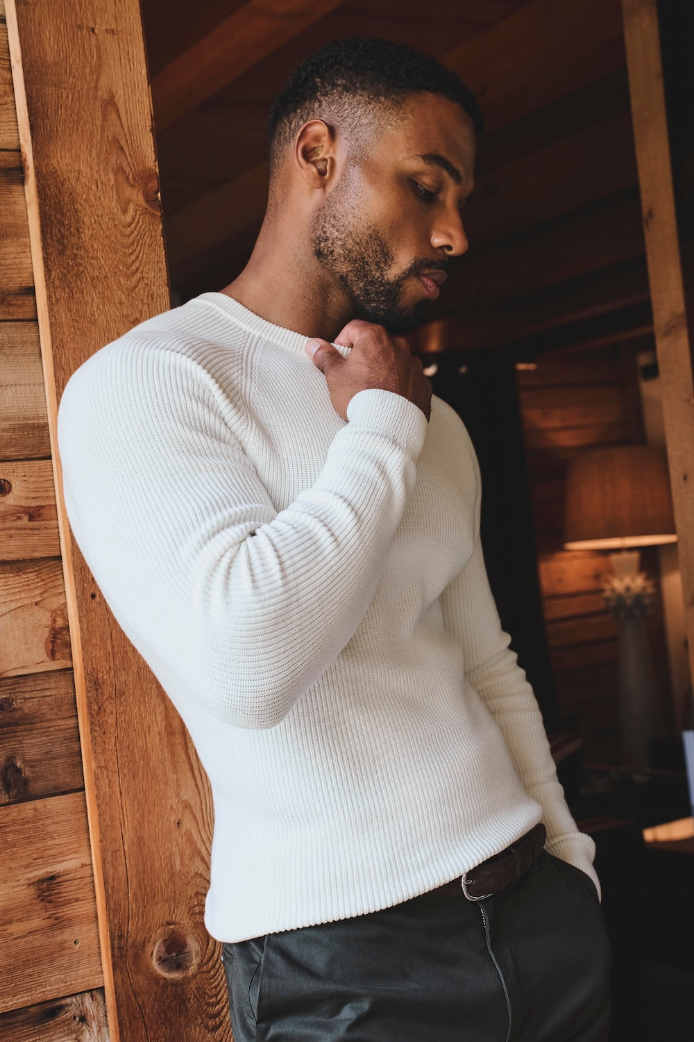 Pure Cotton Knitted Textured Crew Neck Jumper in Winter White