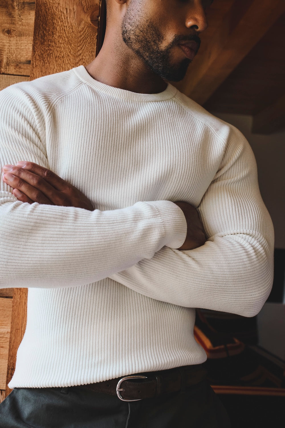 Pure Cotton Knitted Textured Crew Neck Jumper in Winter White