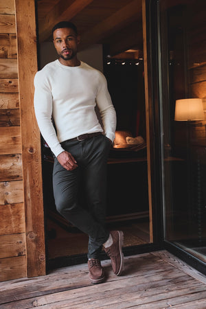 Pure Cotton Knitted Textured Crew Neck Jumper in Winter White