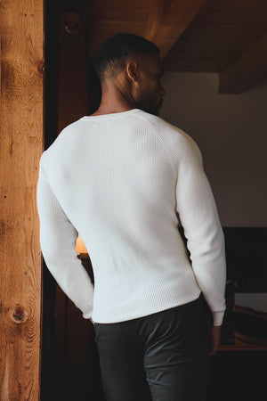 Pure Cotton Knitted Textured Crew Neck Jumper in Winter White