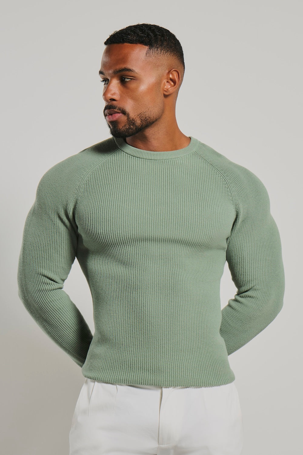 Pure Cotton Knitted Textured Crew Neck Jumper in Sage