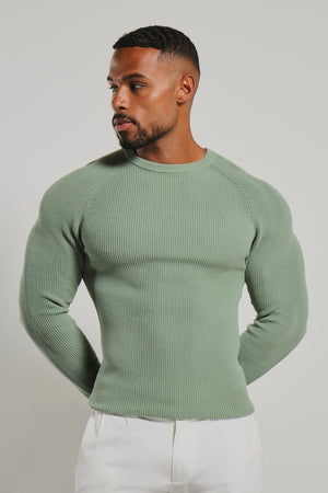 Pure Cotton Knitted Textured Crew Neck Jumper in Sage