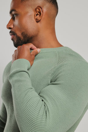 Pure Cotton Knitted Textured Crew Neck Jumper in Sage