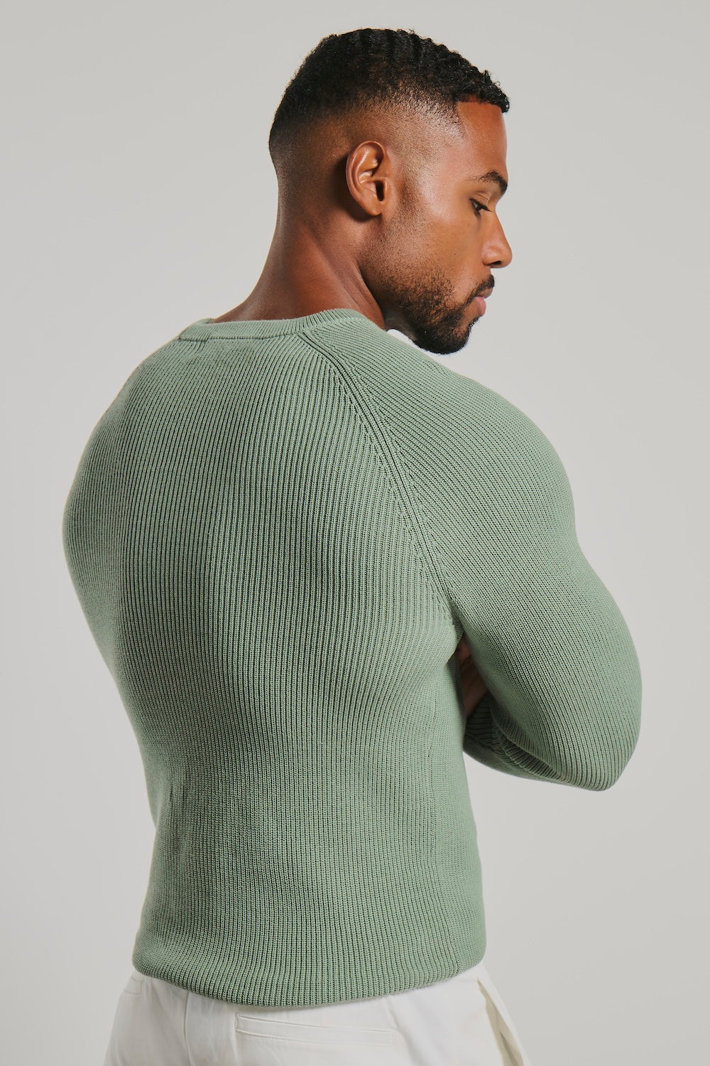 Pure Cotton Knitted Textured Crew Neck Jumper in Sage