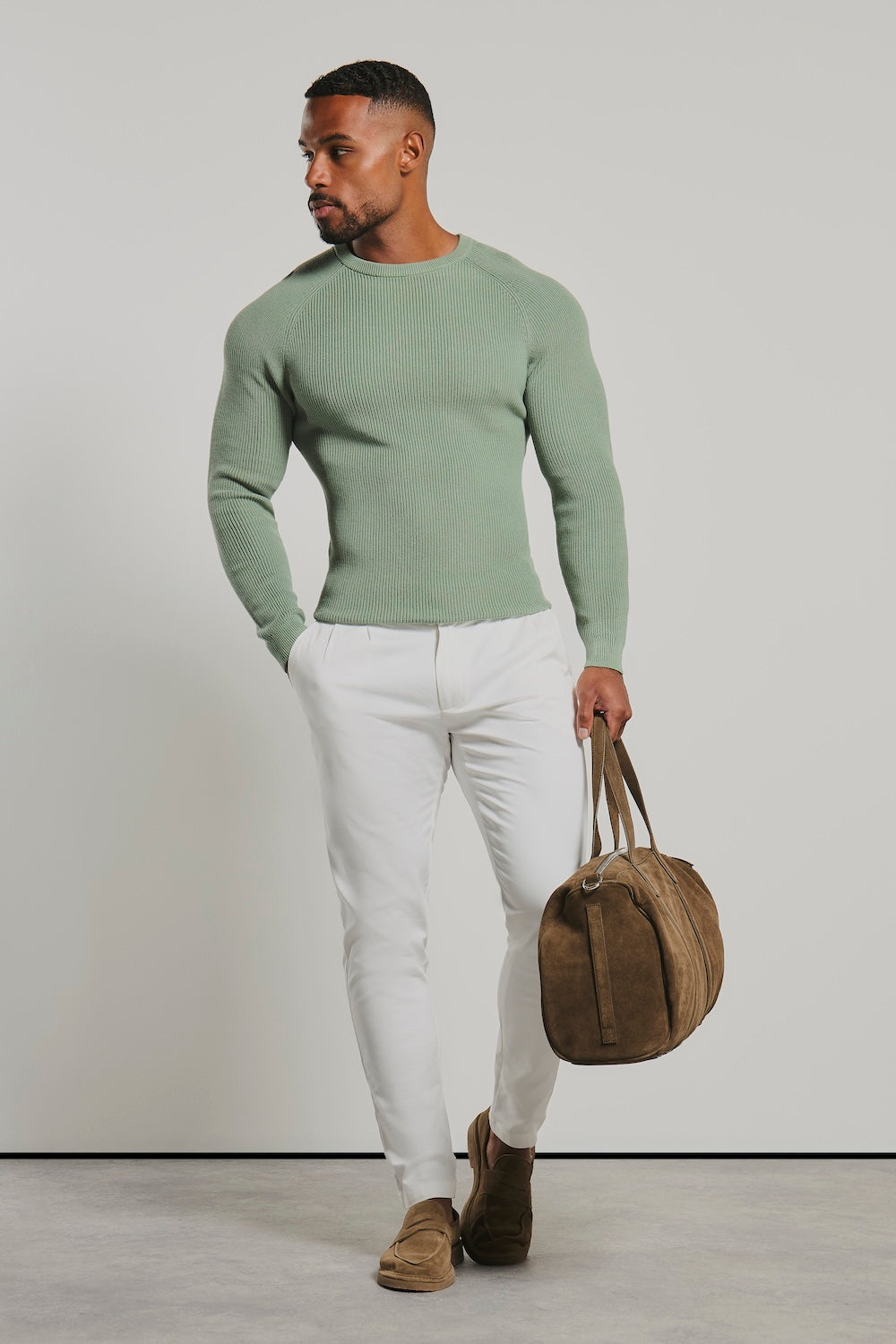 Pure Cotton Knitted Textured Crew Neck Jumper in Sage