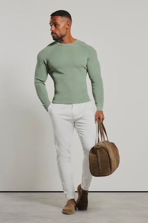 Pure Cotton Knitted Textured Crew Neck Jumper in Sage