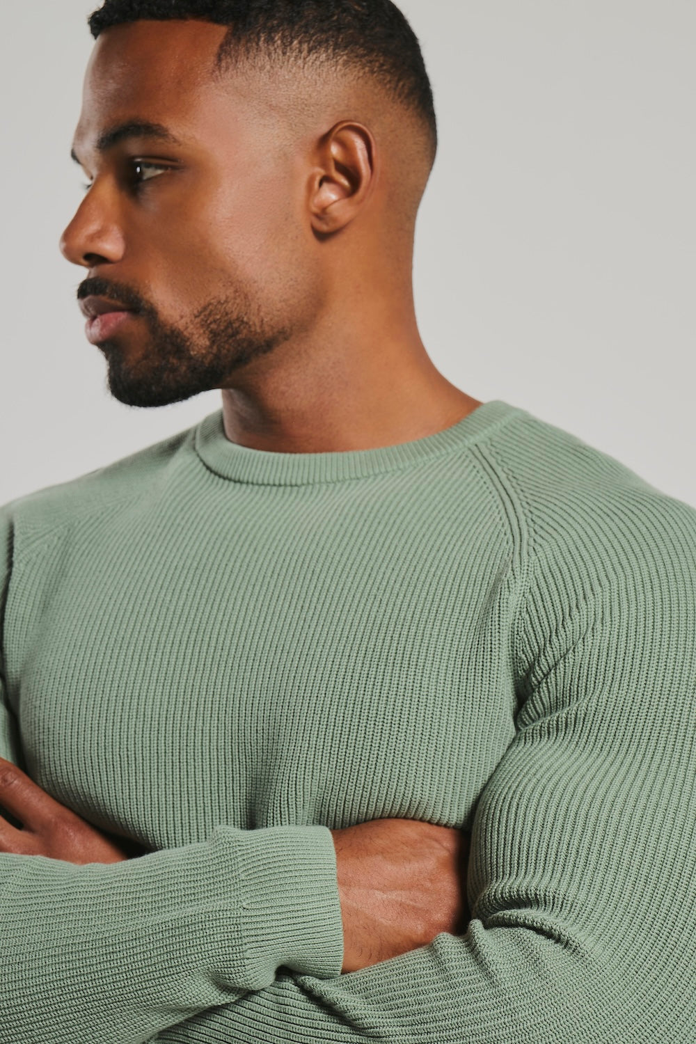 Pure Cotton Knitted Textured Crew Neck Jumper in Sage