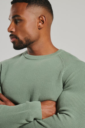 Pure Cotton Knitted Textured Crew Neck Jumper in Sage