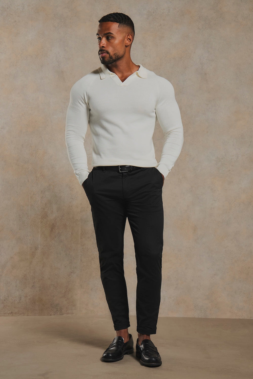 Pure Cotton Knitted Open Collar Polo Shirt in Winter White