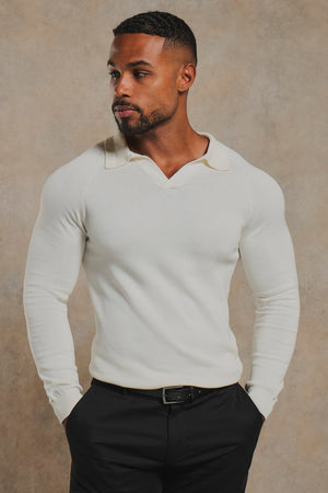 Pure Cotton Knitted Open Collar Polo Shirt in Winter White