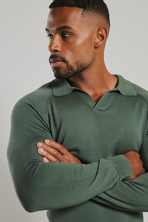 Pure Cotton Knitted Open Collar Polo Shirt in Moss Green