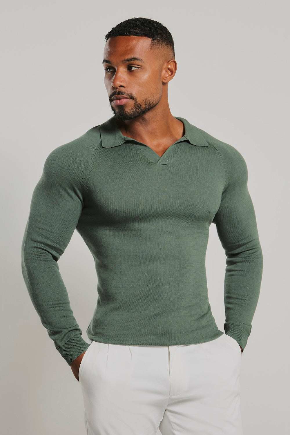 Pure Cotton Knitted Open Collar Polo Shirt in Moss Green