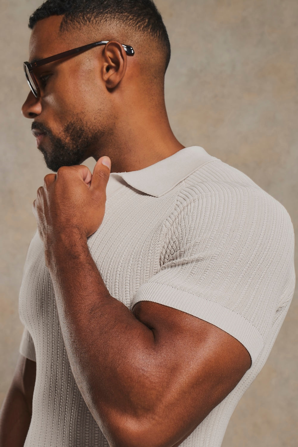 Textured Knitted Open Collar Polo Shirt in Alabaster
