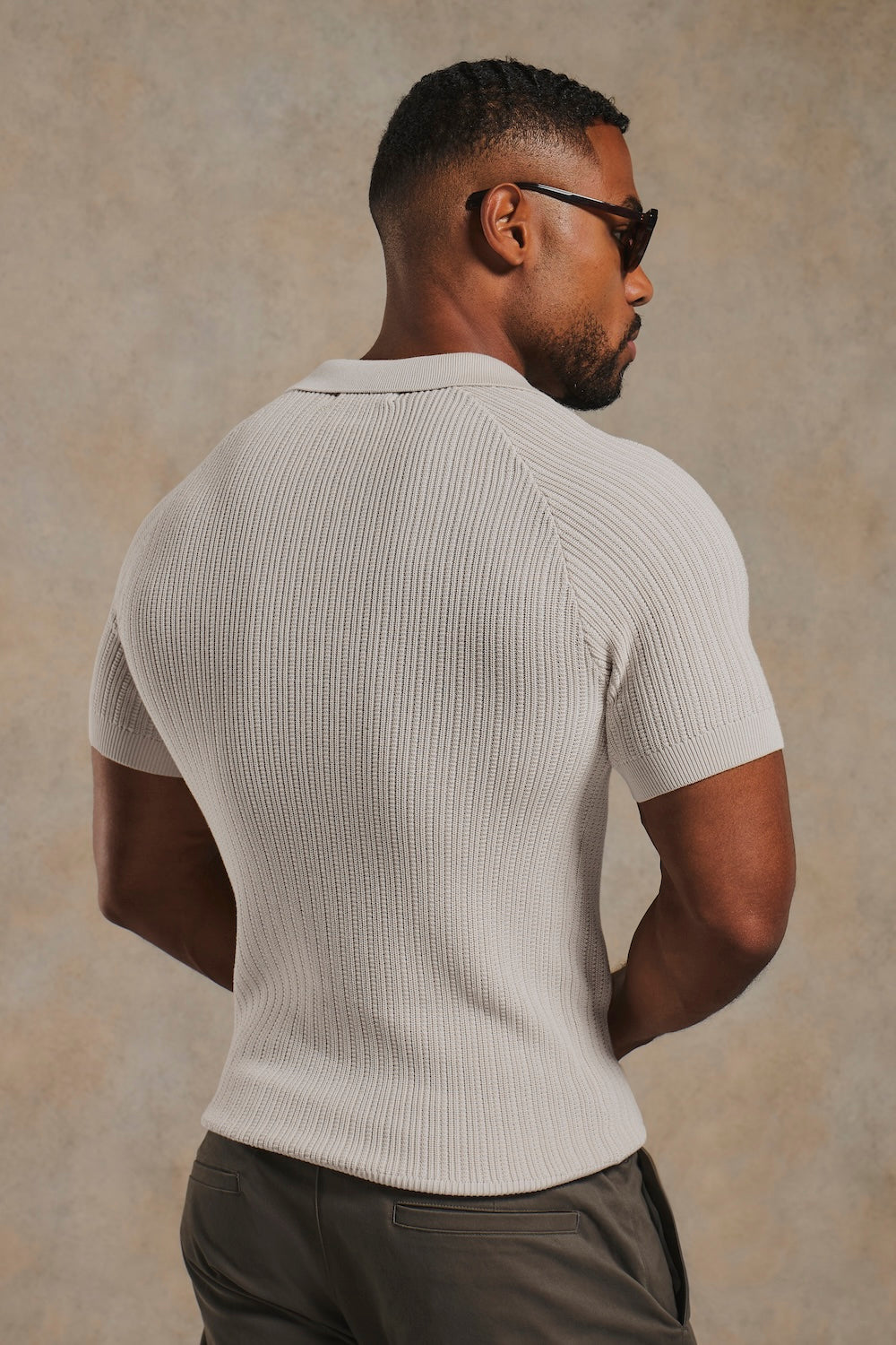 Textured Knitted Open Collar Polo Shirt in Alabaster