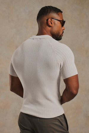 Textured Knitted Open Collar Polo Shirt in Alabaster